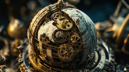 Mechanical globe reveals inner gears and machinery.