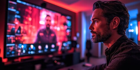 Fototapeta premium Man engaged in video conference on a large television screen