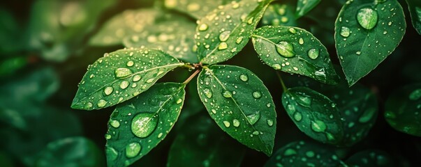 Fototapeta premium Close-up of vibrant green leaves with fresh raindrops, showcasing nature's beauty and freshness.
