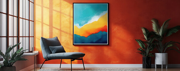 Fototapeta premium Home decor inspiration modern room with art cozy environment bright colors nature elements