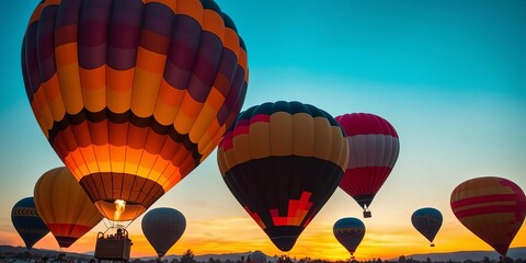Obraz premium Vibrant hot air balloons soar against a sunset sky, basket visible, element, art