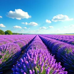 Fototapeta premium Vibrant lavender field under blue sky in Provence, lavender, landscape, agriculture