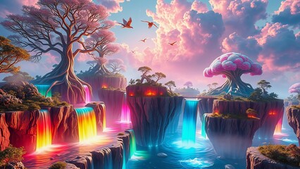 Surreal Floating Islands Fantasy Landscape with Neon Clouds – Cinematic Digital Art for Games & Film