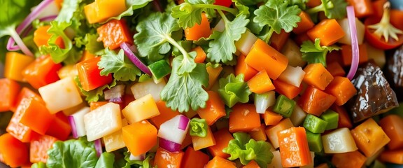 Vibrant mix of fresh salad leaves & chopped vegetables, healthy eating, meal, background
