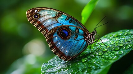 A vibrant blue morpho butterfly sits on a dewy green leaf, its intricate wing patterns contrasting with the blurred background. Close-up shot, nature's beauty.