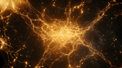 Golden glowing network of interconnected lines. It resembles neural networks, cosmic webs, or complex organic structures, illuminated against a dark background.
