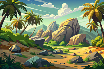 green tropical jungle and island landscape abstract cartoon