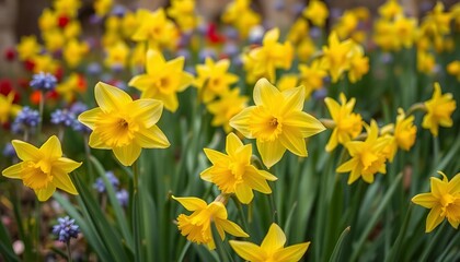 Obraz premium Vibrant yellow daffodils blooming in a lush spring garden, nature, daffodils