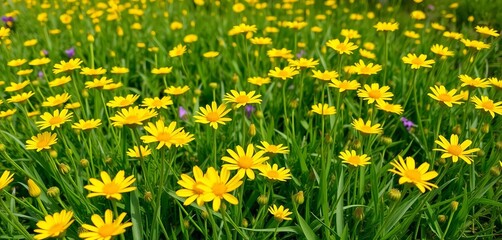 Vibrant yellow flowers blooming in a lush green spring meadow, spring background, nature photography