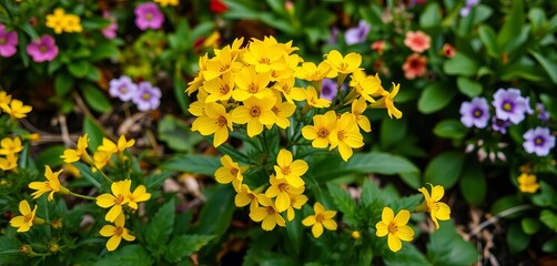 Vibrant yellow primrose blossoms clustered in a spring garden, petals, flowers