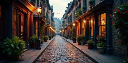 Fototapeta premium Victorian-era cobblestone street with gas lamps and flower pots, quaint, British, historical