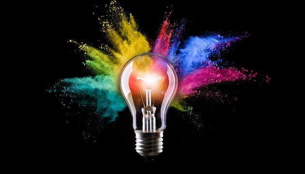 light bulb exploding with colorful powder on black background