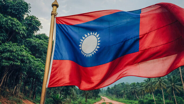Flowing Laos flag with traditional colors