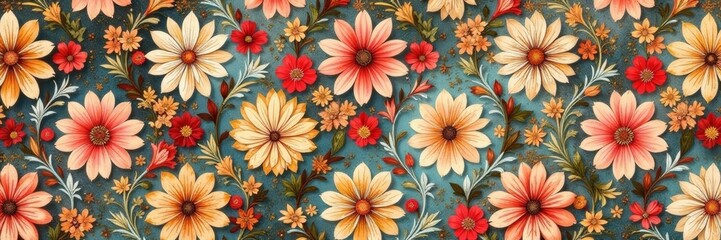 Vintage-inspired seamless patchwork design featuring intricate floral motifs, ideal for retro-style projects, background, motifs, floral