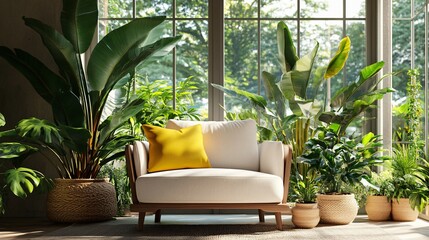 Fototapeta premium A Comfortable Armchair Surrounded by Lush Green Indoor Plants
