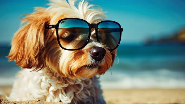 A small, white dog with a brown face and long, floppy ears is lying on a beach, Ai Generated