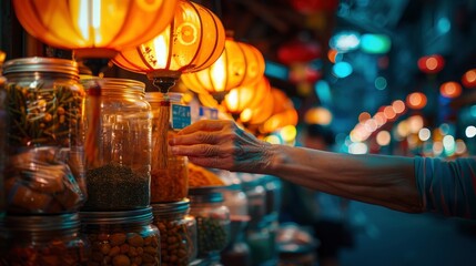 Obraz premium A hand reaching for spices in a vibrant night market filled with glowing lanterns and jars