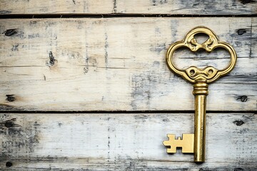 Antique Gold Key on Rustic Wooden Background