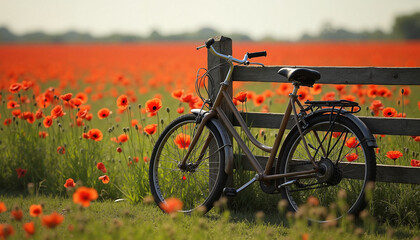 Fototapeta premium Bicycle resting against fence in poppy flower field, Poppy field, Blooming fields