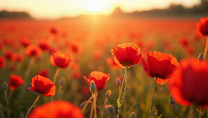 Fototapeta premium Vibrant red poppies blooming in a sunset-lit field, Poppy field, Blooming fields