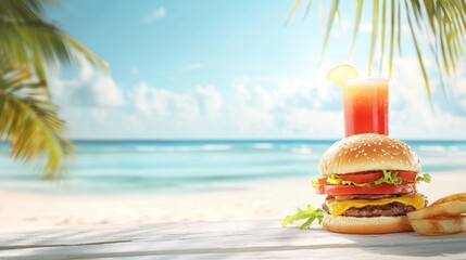 Obraz premium A delicious hamburger with fries and a drink served on a table.