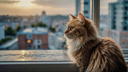 Fluffy cat on windowsill gazing at town view