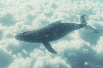 Fototapeta premium Majestic whale swimming among clouds in surreal sky. AI image