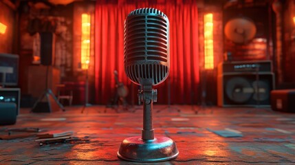 Vintage microphone on stage in empty club with red curtains and warm lighting