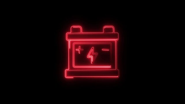Glowing neon car battery icon isolated on black background. HD Video motion graphic animationN