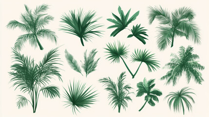 Palm trees. Tropical tree green leaves, beach palms and retro california greenery. Miami trees, coconut palm or exotic hawaii forest green tree. Isolated vector symbols set