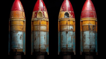 Vintage Rockets, Damaged, Black Background. Possible use historical display or study of military equipment