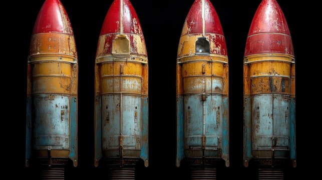 Vintage Rockets, Damaged, Black Background. Possible use historical display or study of military equipment