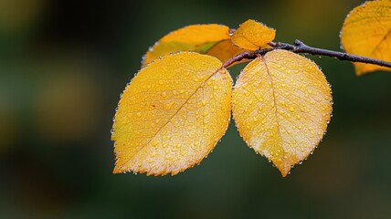 Fototapeta premium Yellow Autumn Leaves with Water Droplets Close-up
