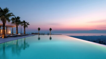 Fototapeta premium Aerial view of a pool surrounded by lounge chairs and palm trees under clear sky.
