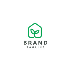 Green Plant Shoots House Logo Design. House Plant Line Silhouette Logo Design.