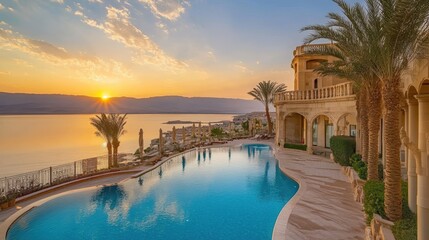 Obraz premium Aerial view of a serene pool overlooking the sea and majestic mountains.