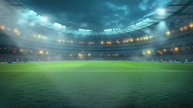 football stadium surrounded by rows seats, confetti and light flashes, seamless looping animation background