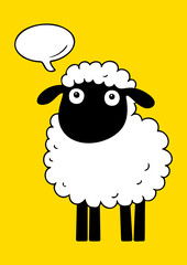 Cute cartoon sheep with speech bubble on bright yellow background. Fun black and white illustration perfect for prints, stickers, clipart, and cut files.