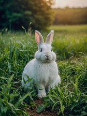 Fluffy white bunny sitting in a green field