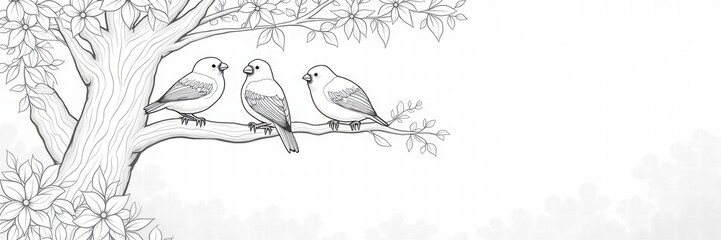 A serene illustration of three birds perched on a branch, beautifully integrated with nature, perfect for eco-friendly projects, childrens books, or nature-themed designs.