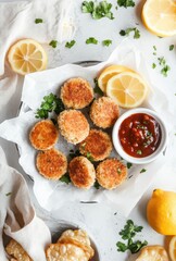 Crispy Golden Bite-Sized Snacks with Fresh Lemon Slices and Tangy Dipping Sauce on a Light Marble Background