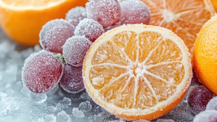 Frozen Citrus Fruits and Grapes on Ice