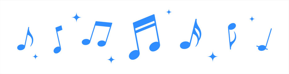 Blue clef music notes key musical border illustration divider clipart, vector stock illustration.