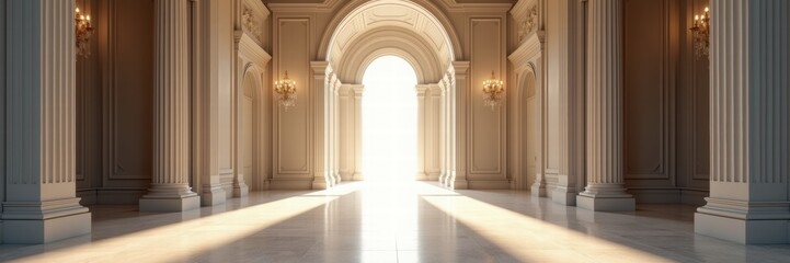 Fototapeta premium A breathtaking architectural hallway bathed in light, symbolizing openness and elegance. Perfect for business themes on luxury, architecture, and inspiration.