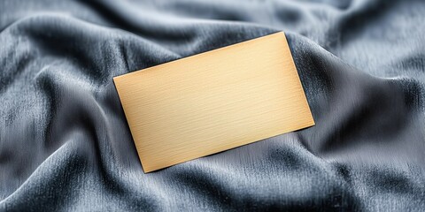 Elegant gold business card resting on a soft blue fabric with delicate texture, showcasing professional design and sophisticated style