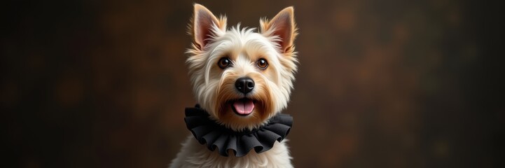 Fototapeta premium Adorable dog portrait showcasing a stylish pup wearing a black ruff, perfect for pet-related products, marketing, or any animal-loving audience.