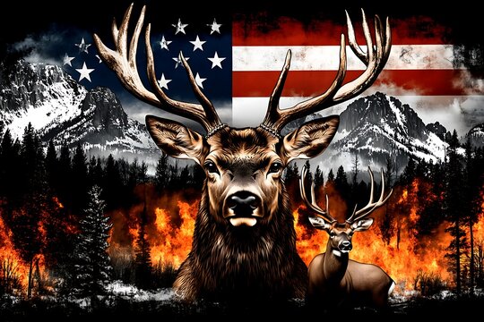 Big deer with USA flag and forest fire background