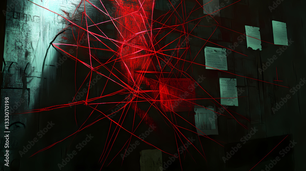 Wall mural hidden thread: an intricate web of red string connects various pieces of evidence in a shadowy corne