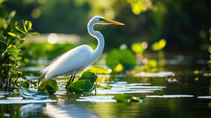 Obraz premium A white bird with a long beak stands gracefully in the water.
