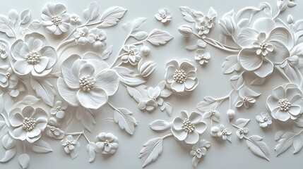 Intricate White Floral Relief Sculpture, Intricate white floral relief sculpture on a flat surface, showcasing detailed flowers and leaves in a symmetrical arrangement